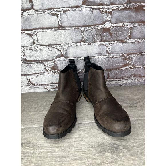 Sorel Emelie Brown Leather Ankle Boots Chelsea Wedge Booties Women 7.5M US/38.5 - Picture 2 of 16